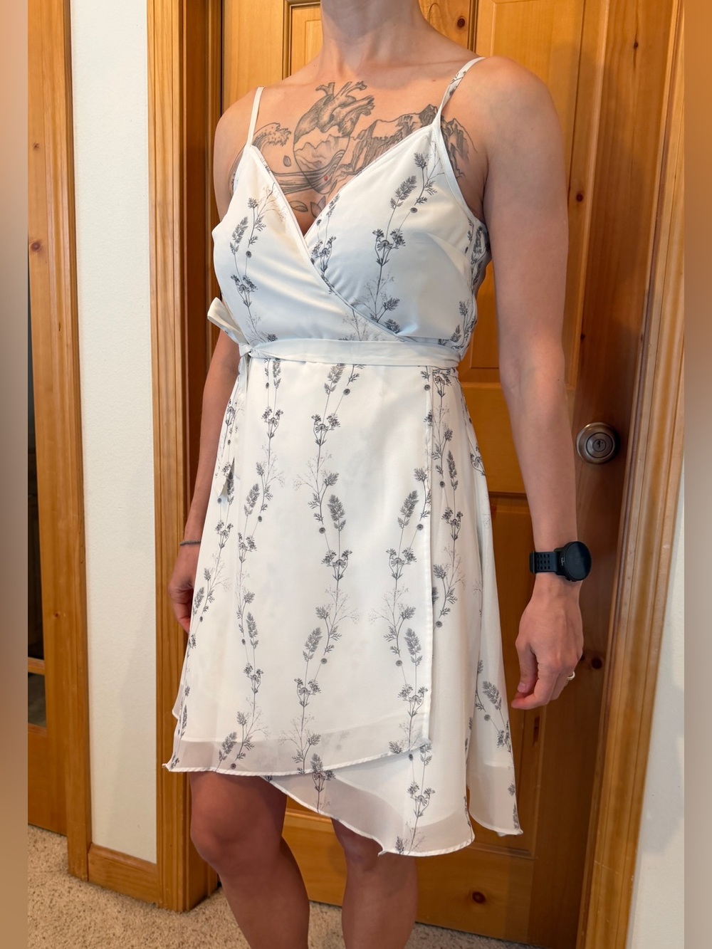 All Saints White Wrap Dress with Gray Floral Print Small 6